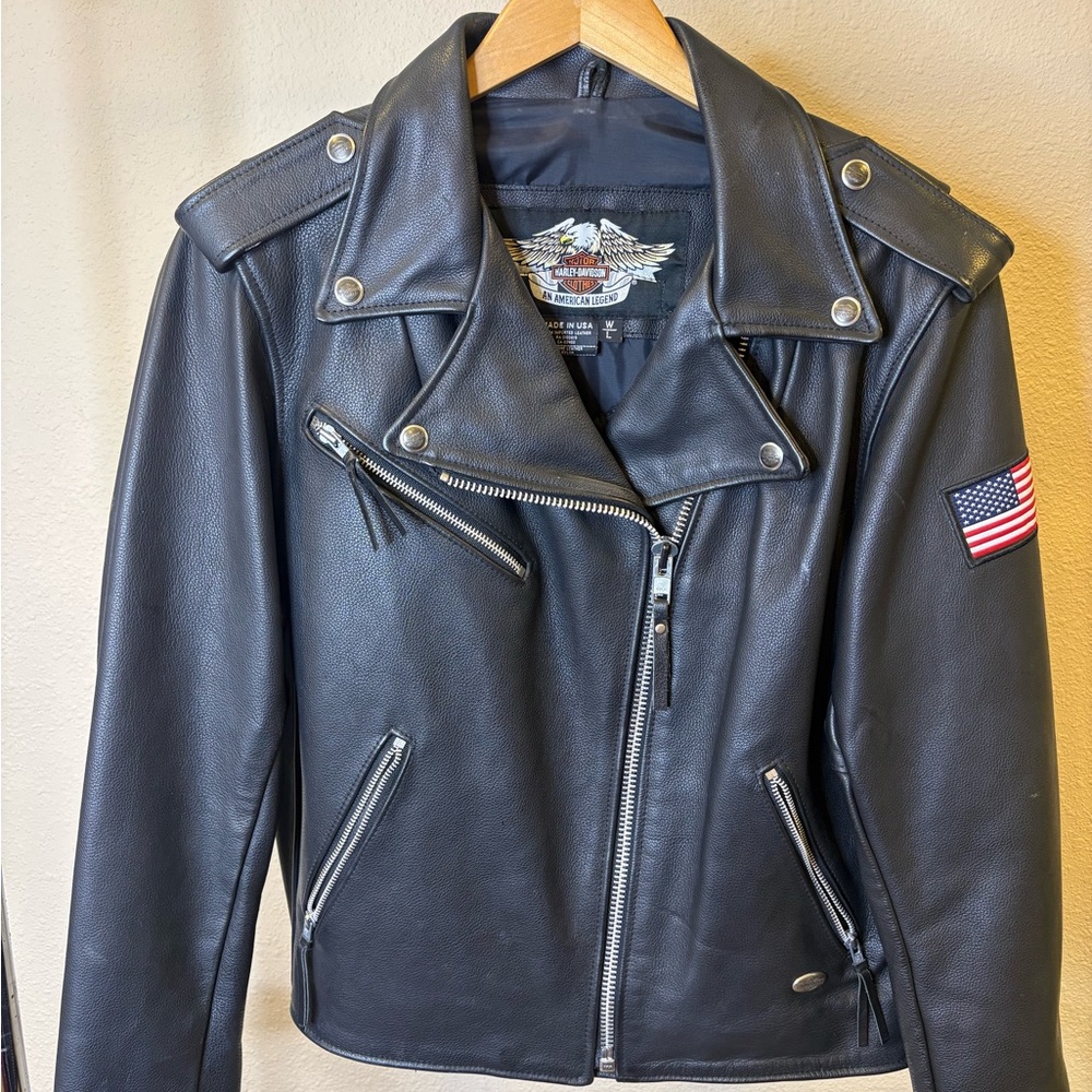 Harley-Davidson Black Leather Jacket with Flag Patch - Picture 2 of 7